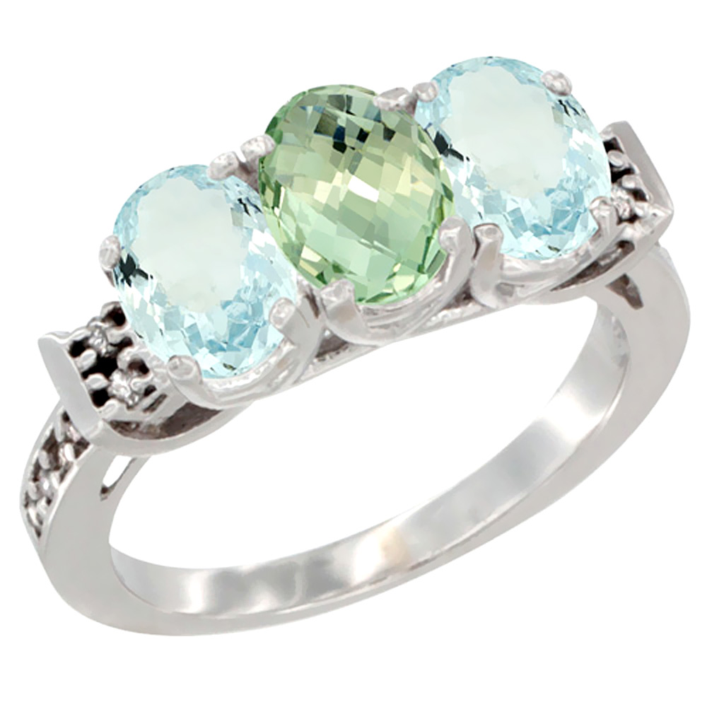 14K White Gold Natural Green Amethyst &amp; Aquamarine Sides Ring 3-Stone Oval 7x5 mm Diamond Accent, sizes 5 - 10