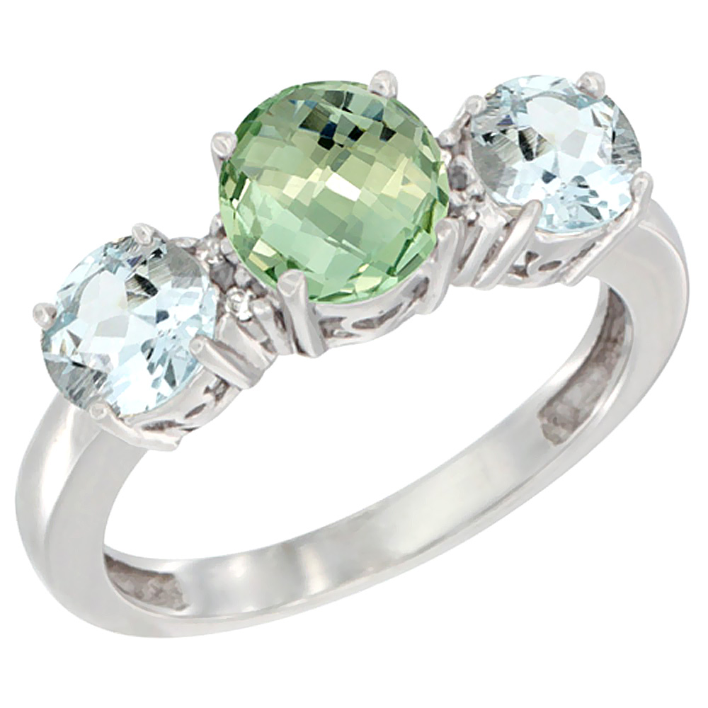 14K White Gold Round 3-Stone Natural Green Amethyst Ring & Aquamarine Sides Diamond Accent, sizes 5 - 10