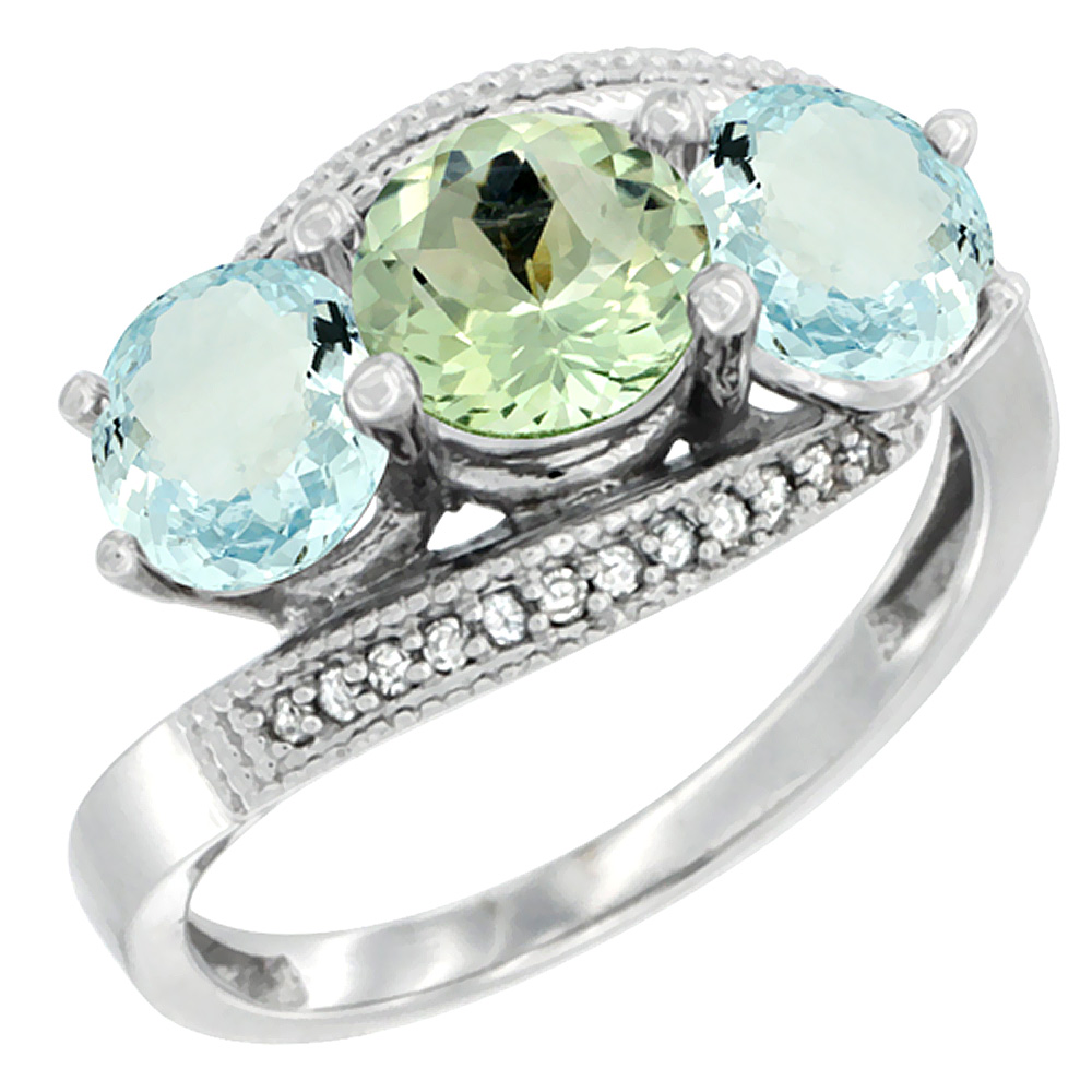 10K White Gold Natural Green Amethyst &amp; Aquamarine Sides 3 stone Ring Round 6mm Diamond Accent, sizes 5 - 10