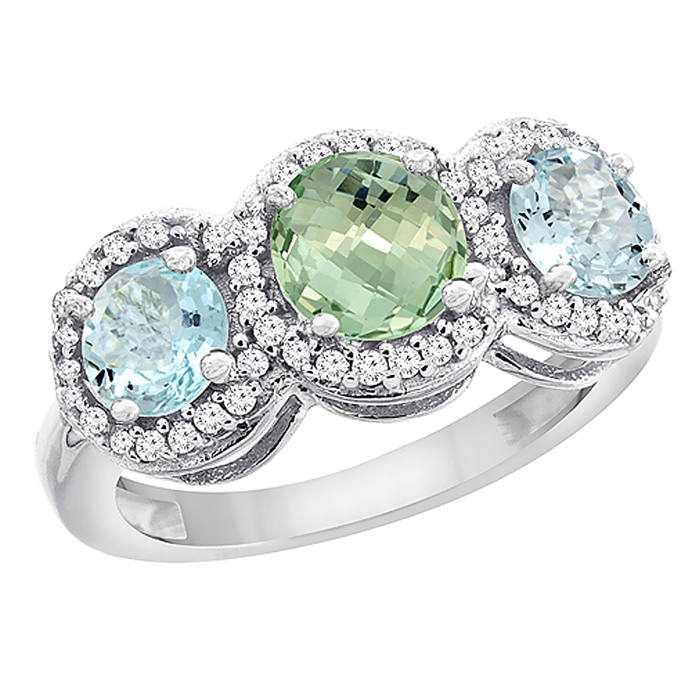 10K White Gold Natural Green Amethyst & Aquamarine Sides Round 3-stone Ring Diamond Accents, sizes 5 - 10