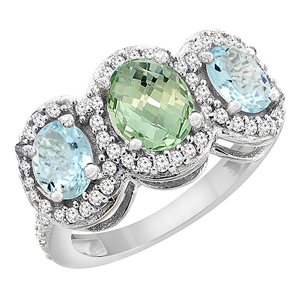 14K White Gold Natural Green Amethyst &amp; Aquamarine 3-Stone Ring Oval Diamond Accent, sizes 5 - 10
