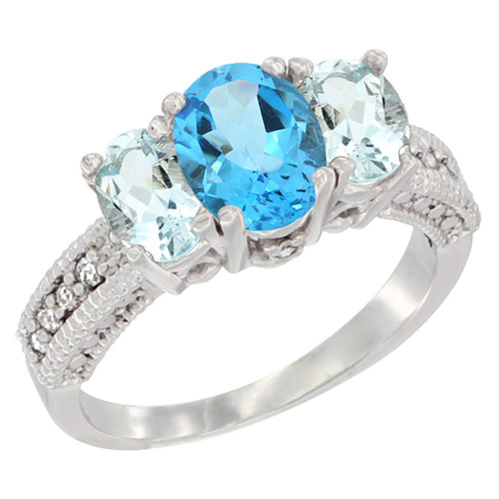 14K White Gold Diamond Natural Swiss Blue Topaz Ring Oval 3-stone with Aquamarine, sizes 5 - 10
