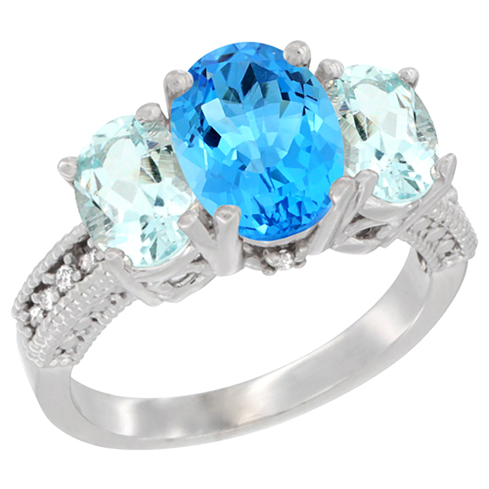 14K White Gold Diamond Natural Swiss Blue Topaz Ring 3-Stone Oval 8x6mm with Aquamarine, sizes5-10