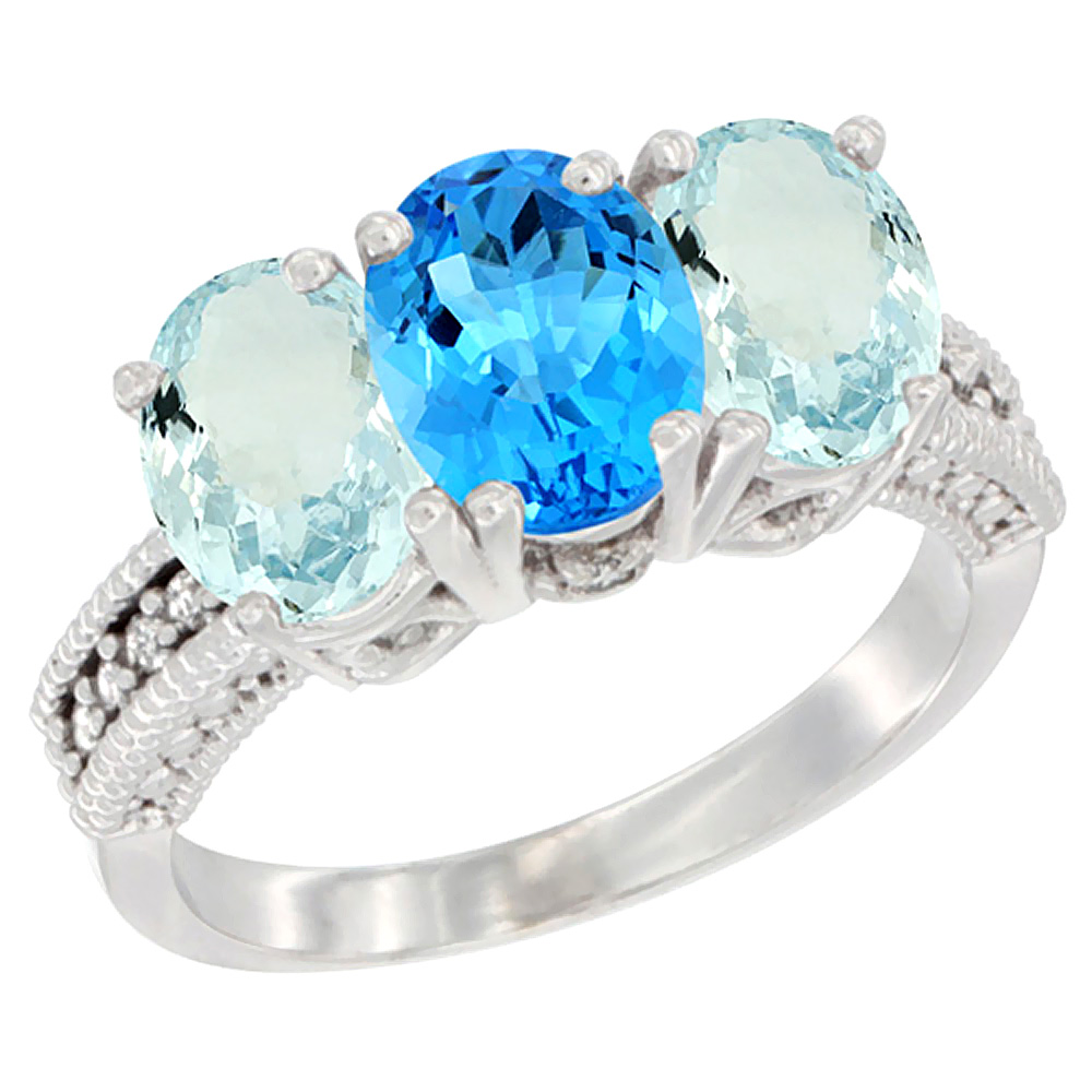 14K White Gold Natural Swiss Blue Topaz &amp; Aquamarine Sides Ring 3-Stone Oval 7x5 mm Diamond Accent, sizes 5 - 10