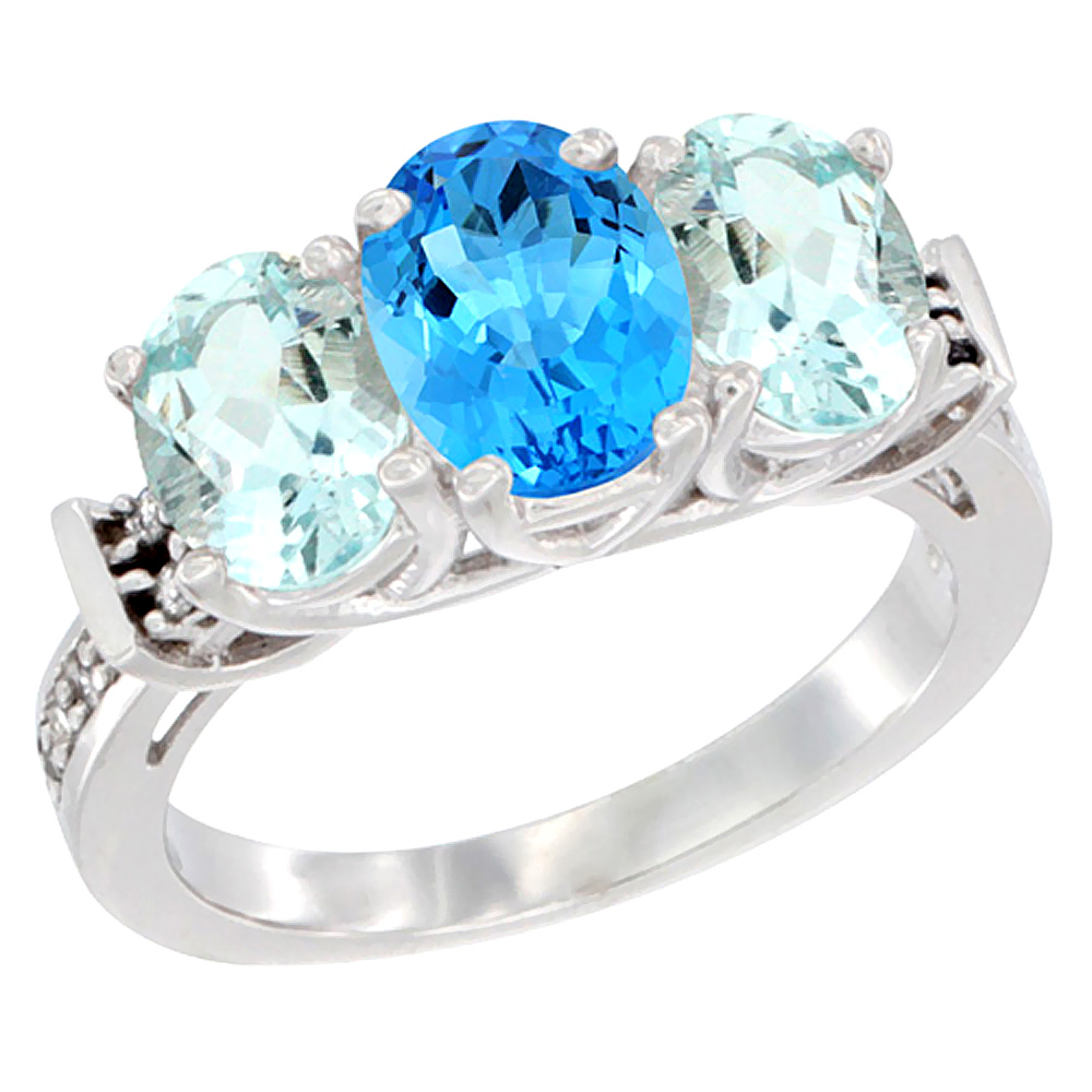 10K White Gold Natural Swiss Blue Topaz &amp; Aquamarine Sides Ring 3-Stone Oval Diamond Accent, sizes 5 - 10