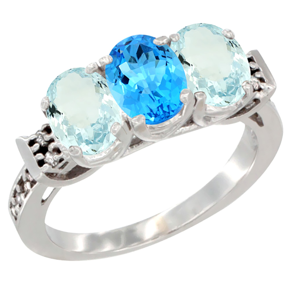 10K White Gold Natural Swiss Blue Topaz & Aquamarine Sides Ring 3-Stone Oval 7x5 mm Diamond Accent, sizes 5 - 10