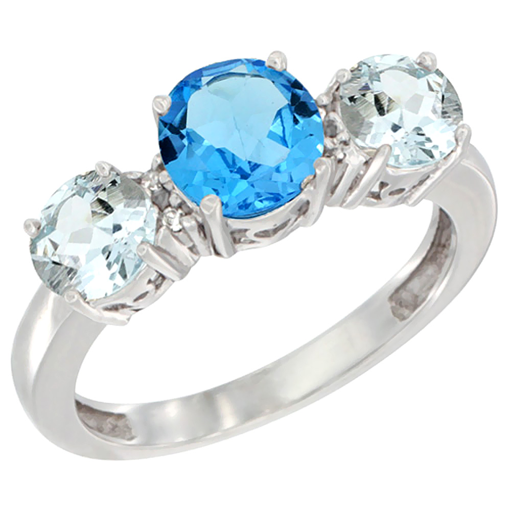 14K White Gold Round 3-Stone Natural Swiss Blue Topaz Ring &amp; Aquamarine Sides Diamond Accent, sizes 5 - 10