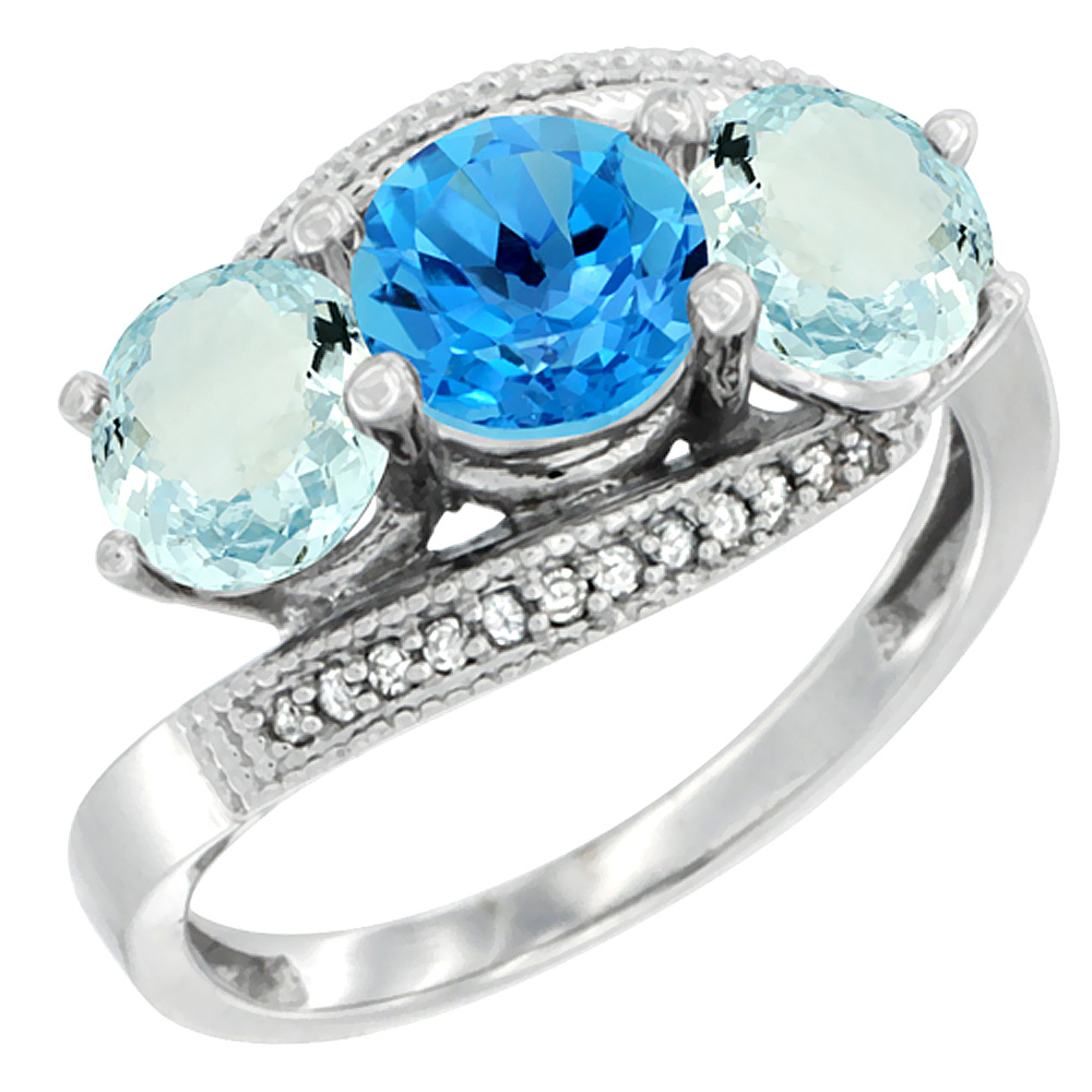10K White Gold Natural Swiss Blue Topaz &amp; Aquamarine Sides 3 stone Ring Round 6mm Diamond Accent, sizes 5 - 10