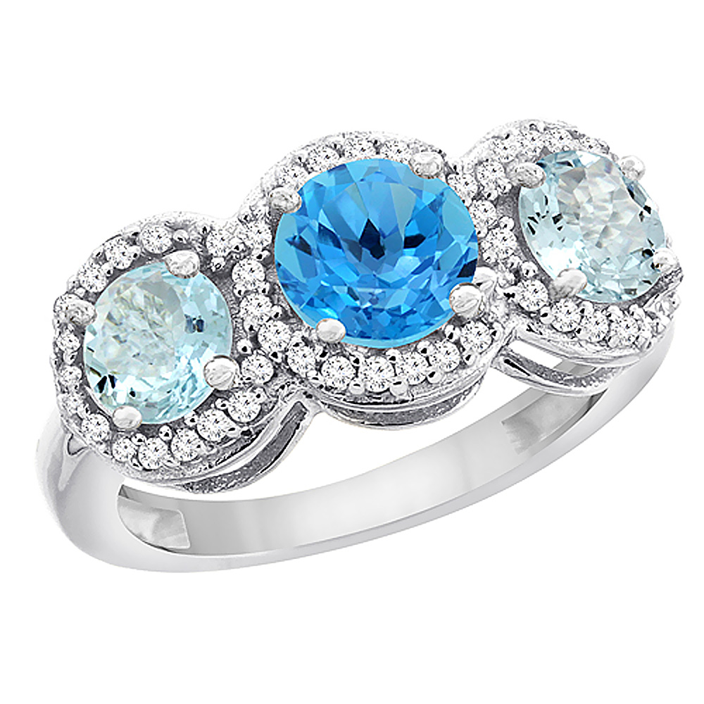 10K White Gold Natural Swiss Blue Topaz &amp; Aquamarine Sides Round 3-stone Ring Diamond Accents, sizes 5 - 10