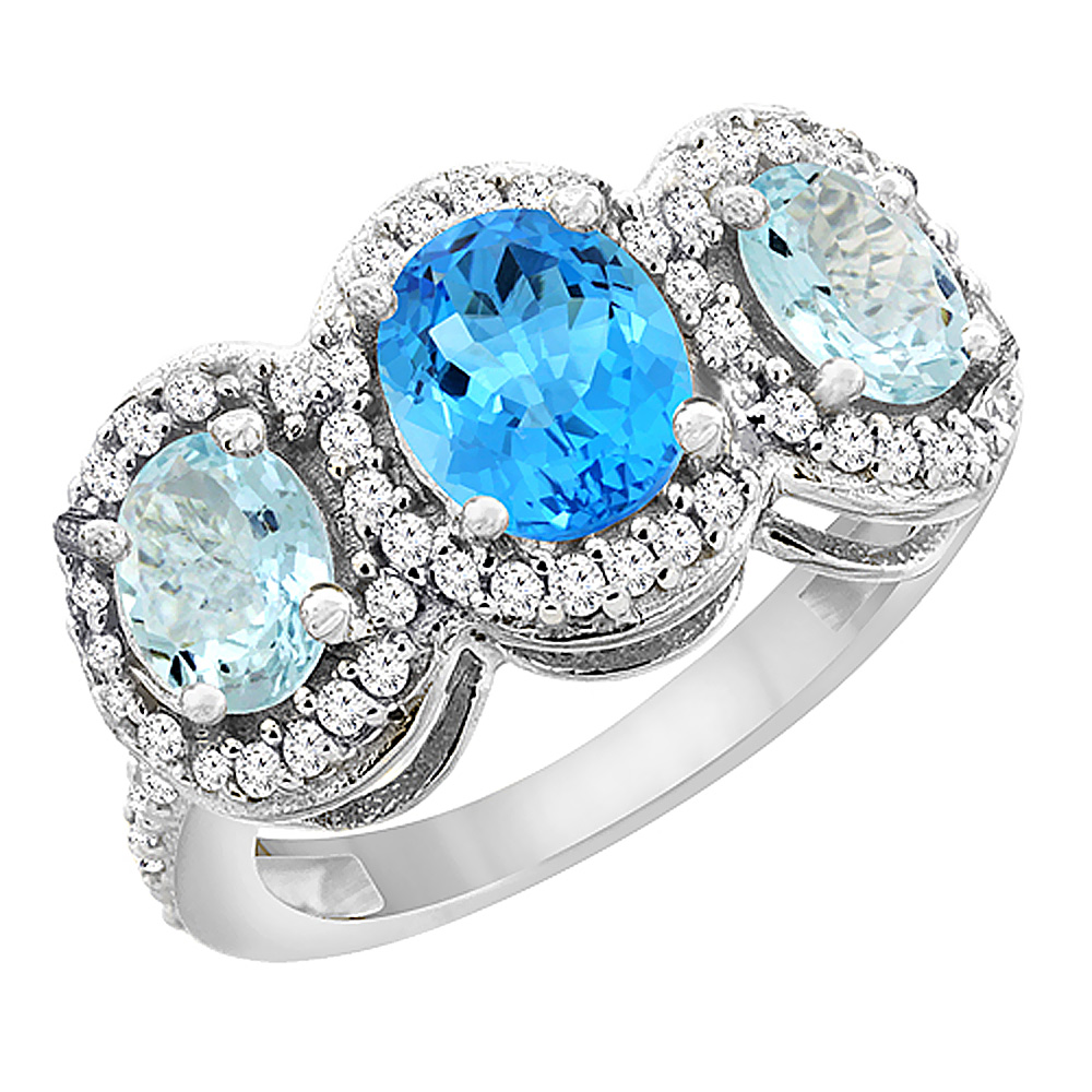 14K White Gold Natural Swiss Blue Topaz &amp; Aquamarine 3-Stone Ring Oval Diamond Accent, sizes 5 - 10