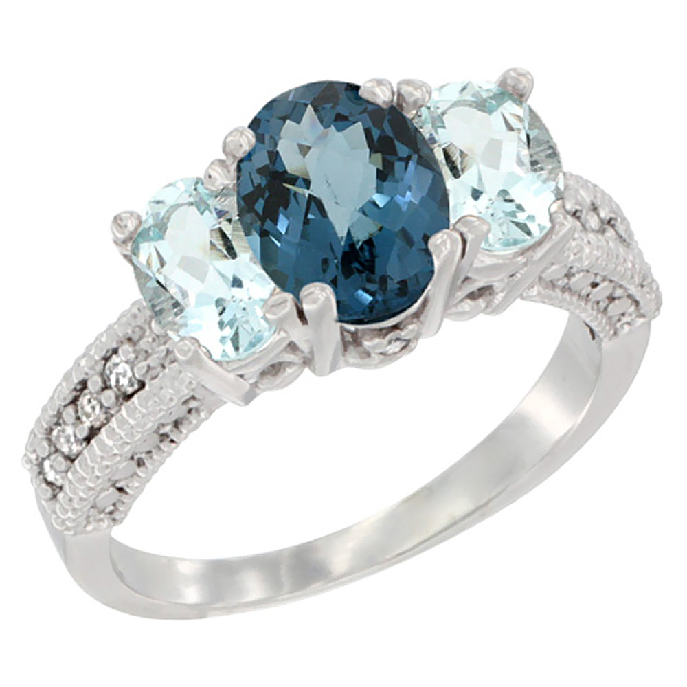 10K White Gold Diamond Natural London Blue Topaz Ring Oval 3-stone with Aquamarine, sizes 5 - 10