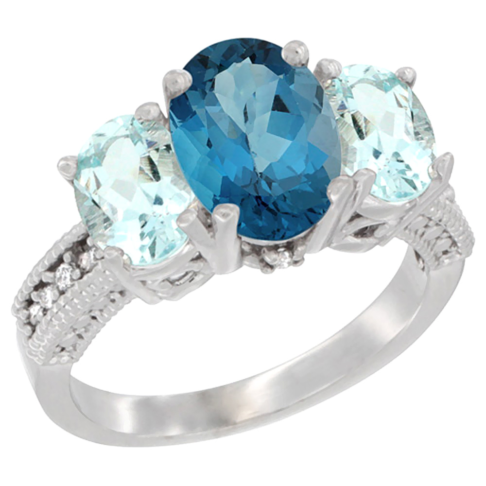 10K White Gold Diamond Natural London Blue Topaz Ring 3-Stone Oval 8x6mm with Aquamarine, sizes5-10