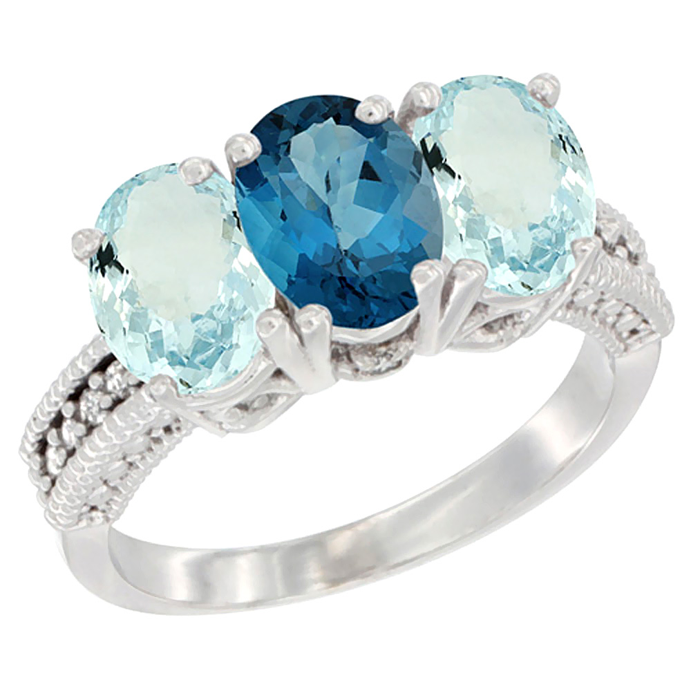 14K White Gold Natural London Blue Topaz & Aquamarine Sides Ring 3-Stone Oval 7x5 mm Diamond Accent, sizes 5 - 10