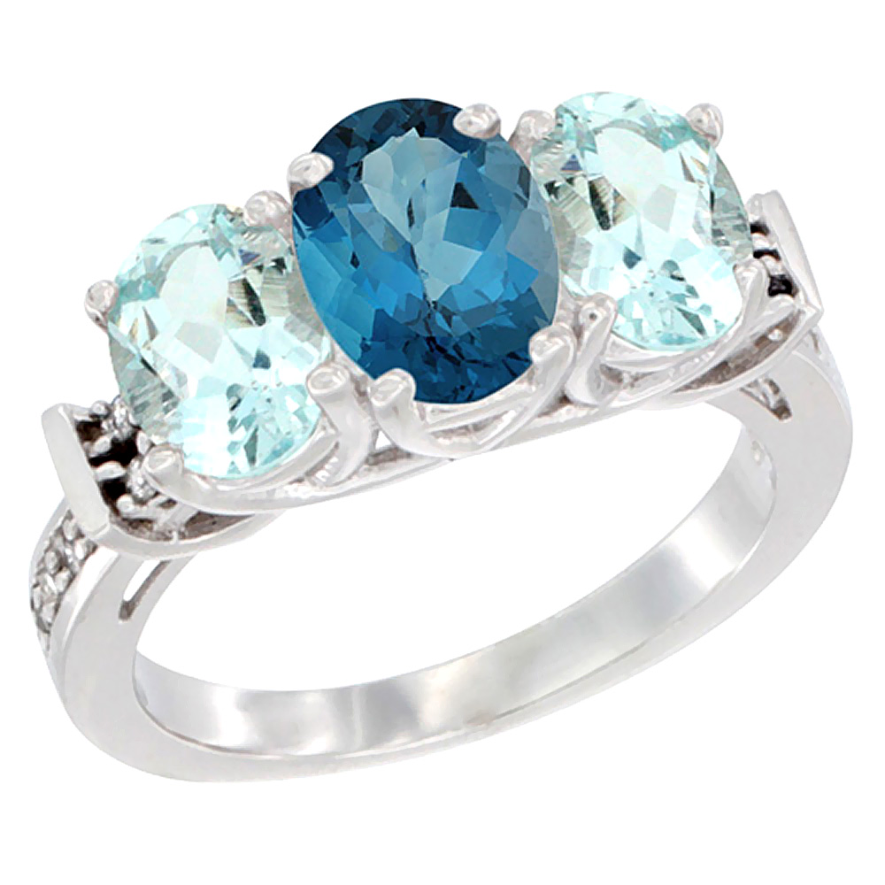 14K White Gold Natural London Blue Topaz &amp; Aquamarine Sides Ring 3-Stone Oval Diamond Accent, sizes 5 - 10