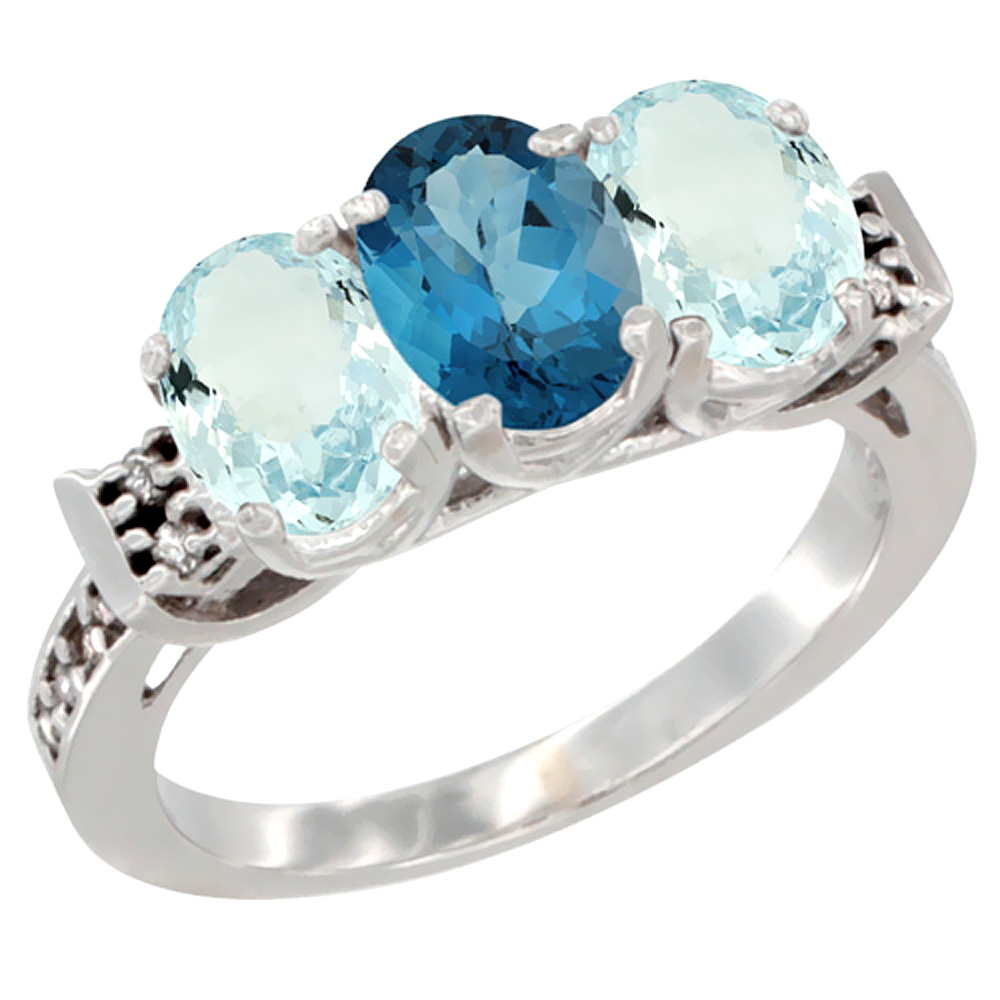 14K White Gold Natural London Blue Topaz & Aquamarine Sides Ring 3-Stone Oval 7x5 mm Diamond Accent, sizes 5 - 10