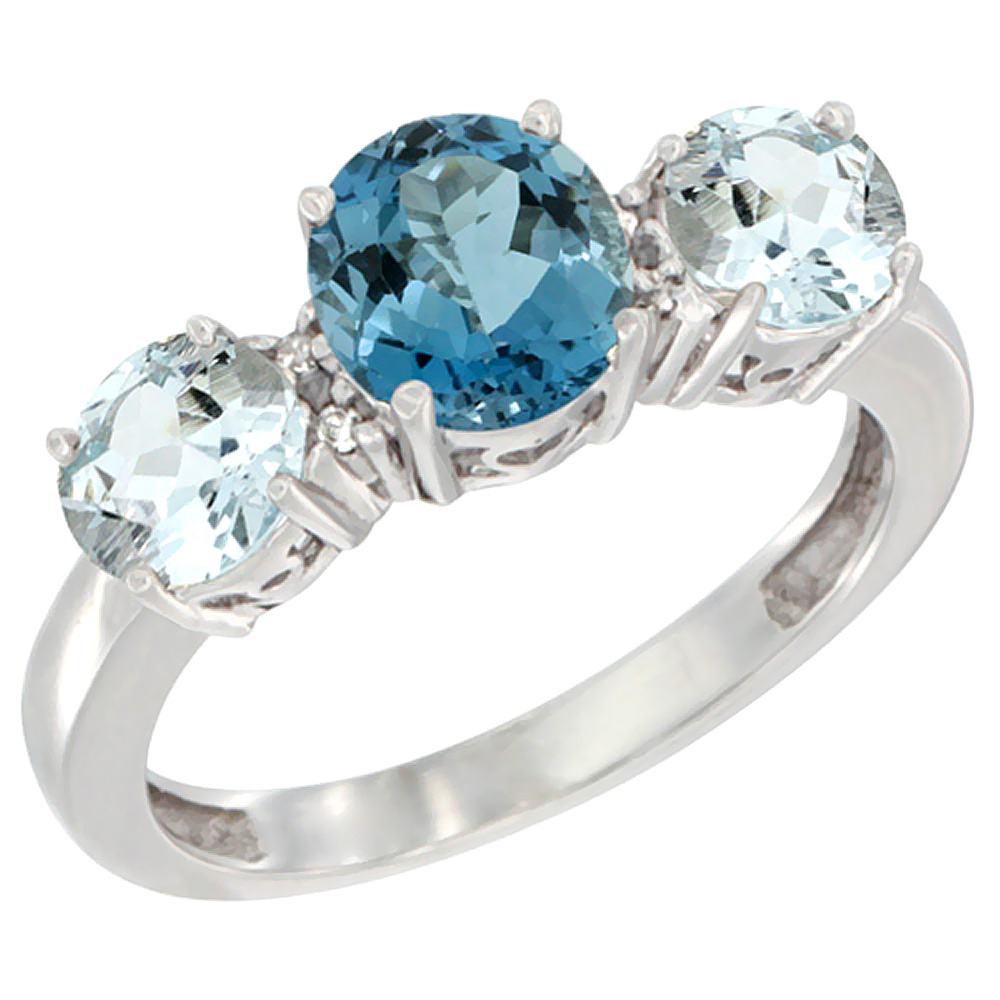 10K White Gold Round 3-Stone Natural London Blue Topaz Ring &amp; Aquamarine Sides Diamond Accent, sizes 5 - 10