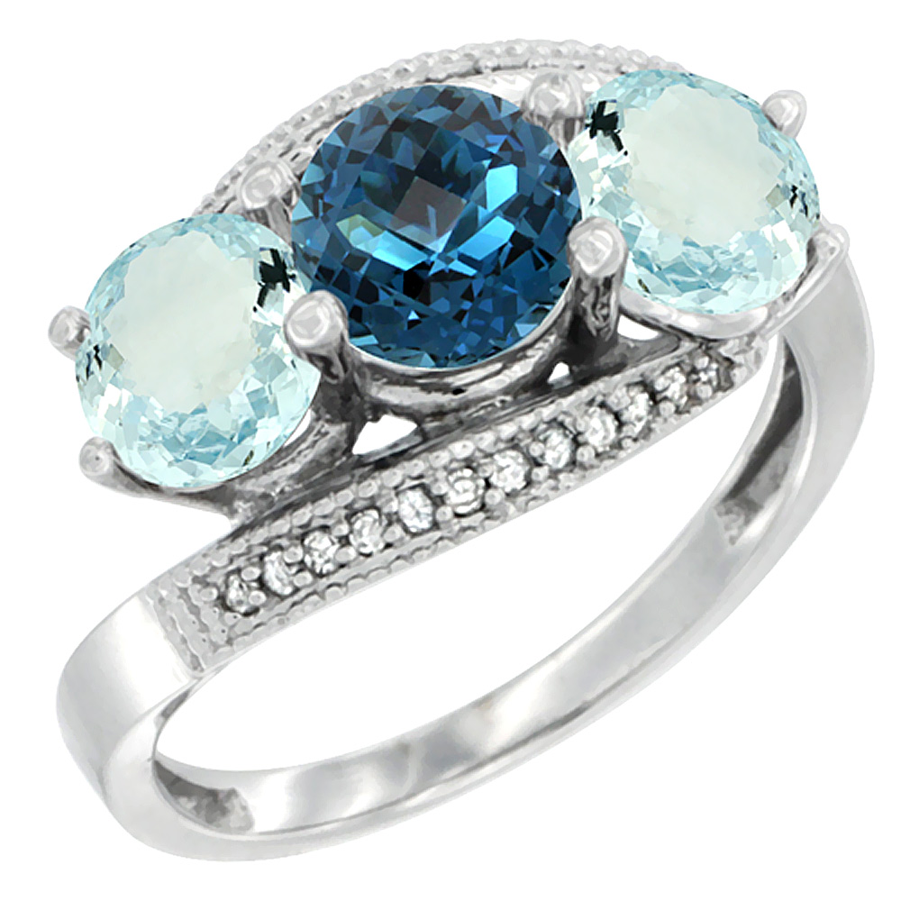 10K White Gold Natural London Blue Topaz & Aquamarine Sides 3 stone Ring Round 6mm Diamond Accent, sizes 5 - 10