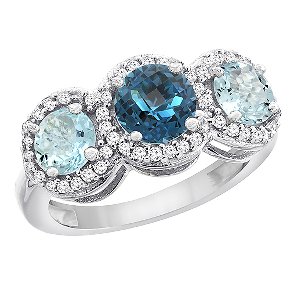 14K White Gold Natural London Blue Topaz &amp; Aquamarine Sides Round 3-stone Ring Diamond Accents, sizes 5 - 10