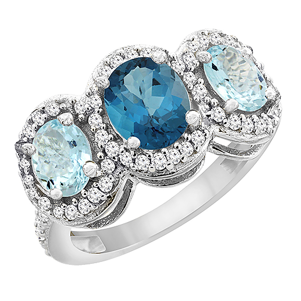 14K White Gold Natural London Blue Topaz & Aquamarine 3-Stone Ring Oval Diamond Accent, sizes 5 - 10