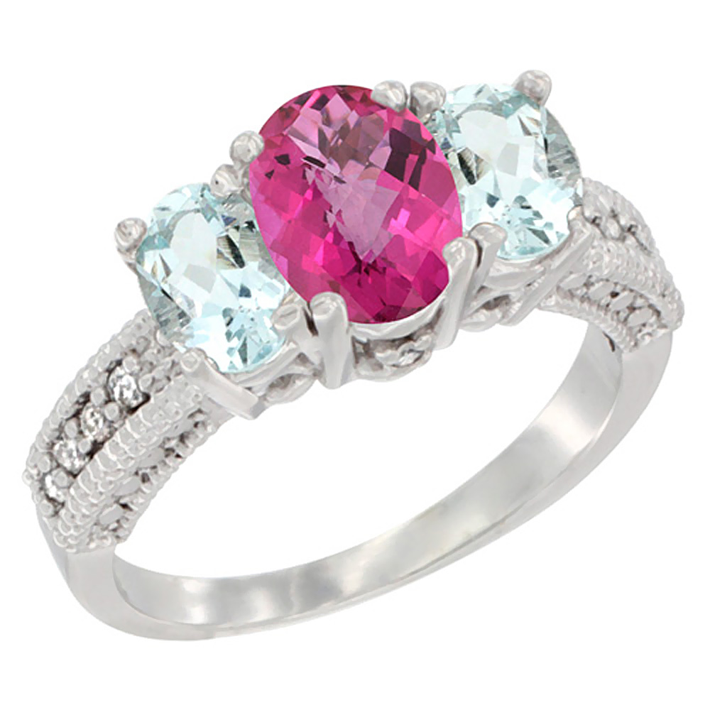 14K White Gold Diamond Natural Pink Topaz Ring Oval 3-stone with Aquamarine, sizes 5 - 10