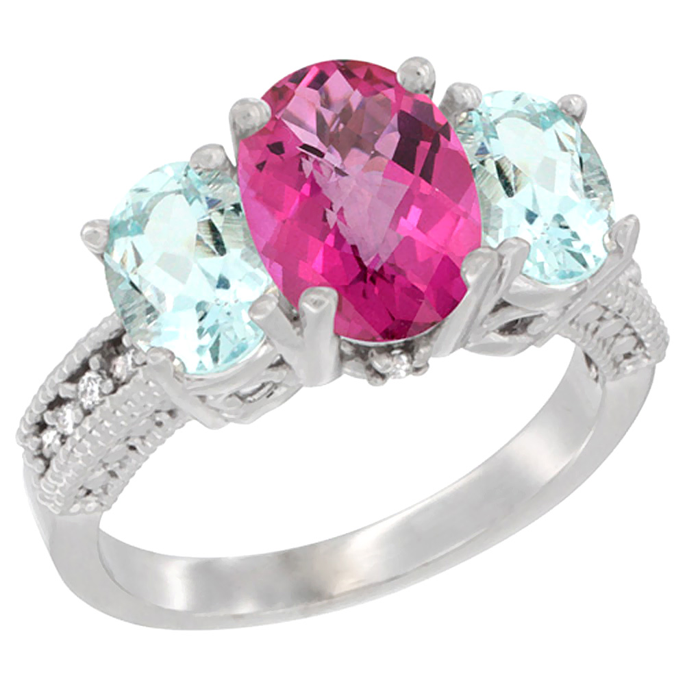 10K White Gold Diamond Natural Pink Topaz Ring 3-Stone Oval 8x6mm with Aquamarine, sizes5-10