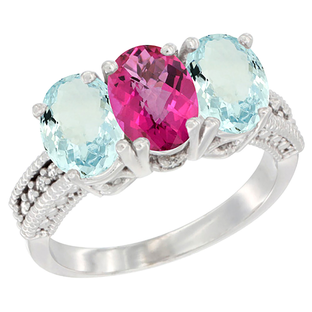14K White Gold Natural Pink Topaz & Aquamarine Sides Ring 3-Stone Oval 7x5 mm Diamond Accent, sizes 5 - 10