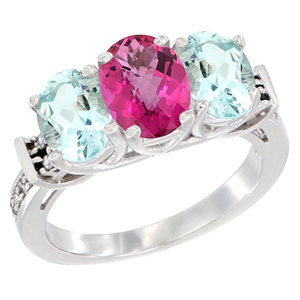 14K White Gold Natural Pink Topaz &amp; Aquamarine Sides Ring 3-Stone Oval Diamond Accent, sizes 5 - 10
