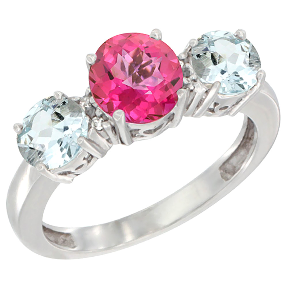 10K White Gold Round 3-Stone Natural Pink Topaz Ring &amp; Aquamarine Sides Diamond Accent, sizes 5 - 10
