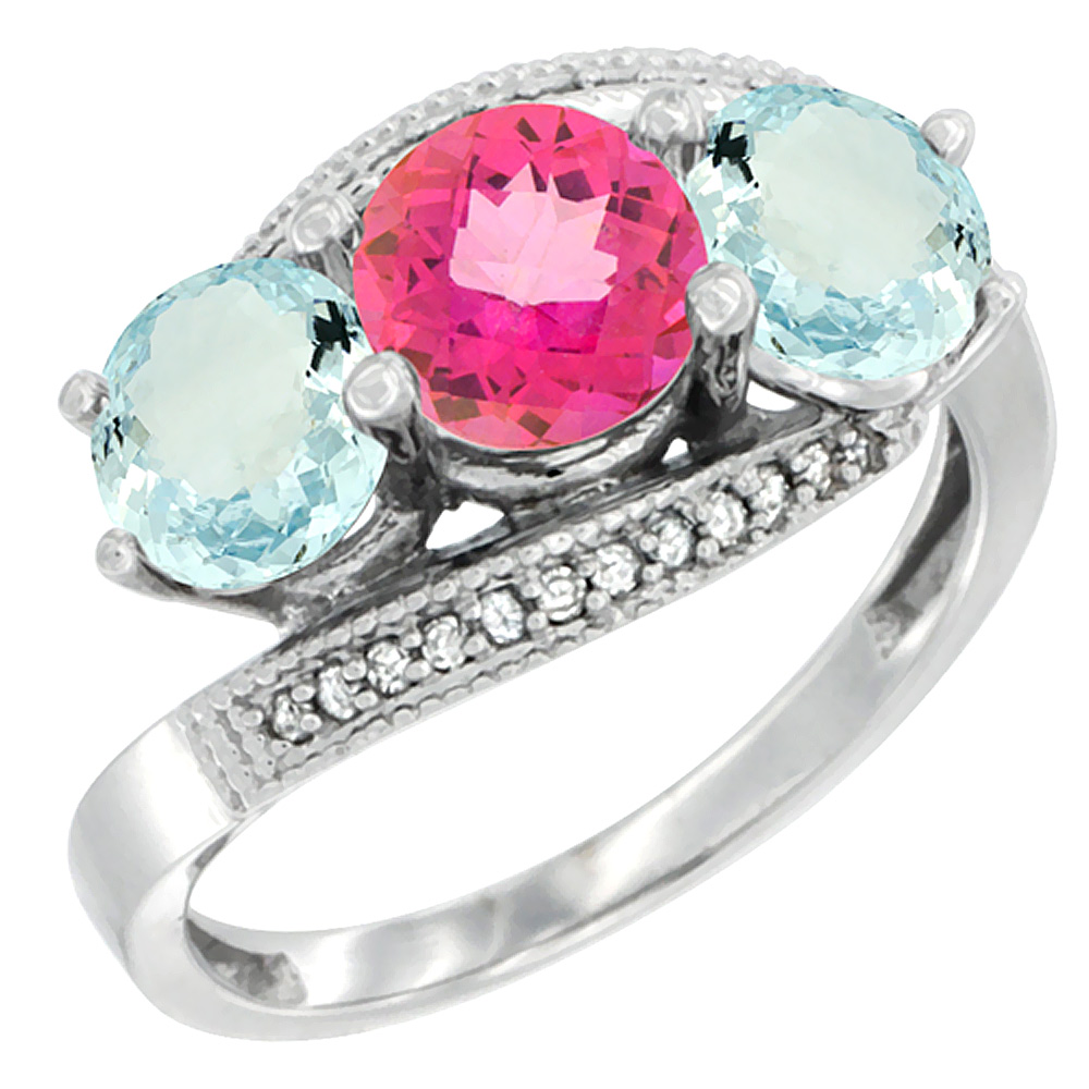 14K White Gold Natural Pink Topaz & Aquamarine Sides 3 stone Ring Round 6mm Diamond Accent, sizes 5 - 10
