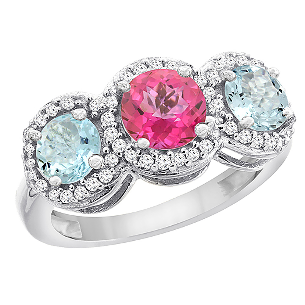 14K White Gold Natural Pink Topaz &amp; Aquamarine Sides Round 3-stone Ring Diamond Accents, sizes 5 - 10