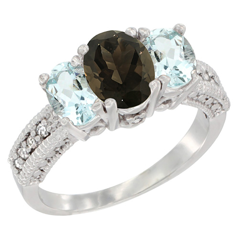 14K White Gold Diamond Natural Smoky Topaz Ring Oval 3-stone with Aquamarine, sizes 5 - 10