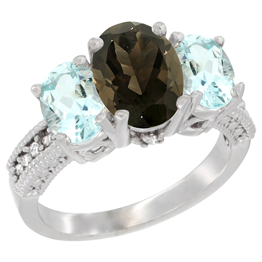 14K White Gold Diamond Natural Smoky Topaz Ring 3-Stone Oval 8x6mm with Aquamarine, sizes5-10