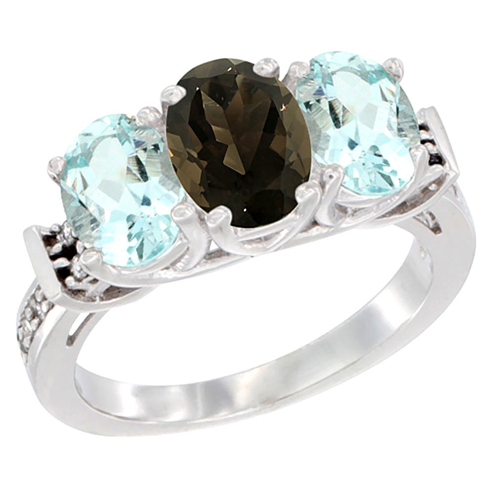 10K White Gold Natural Smoky Topaz & Aquamarine Sides Ring 3-Stone Oval Diamond Accent, sizes 5 - 10