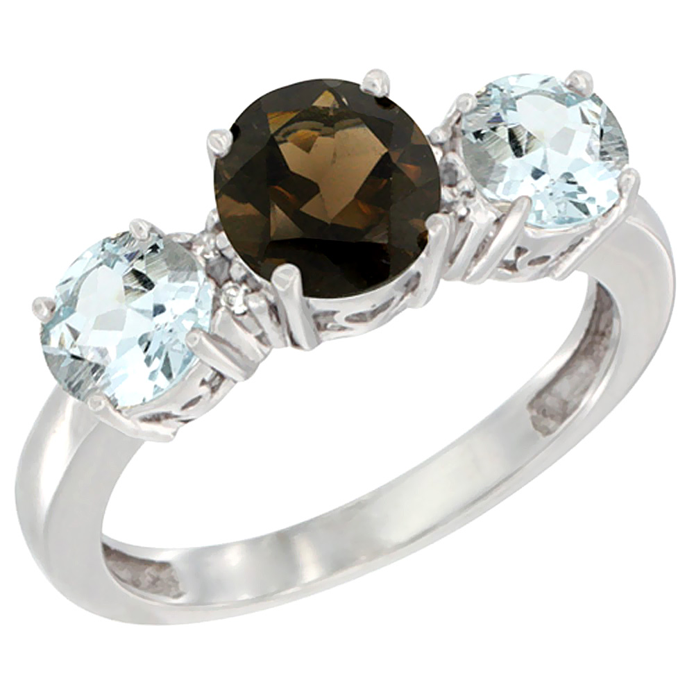 14K White Gold Round 3-Stone Natural Smoky Topaz Ring &amp; Aquamarine Sides Diamond Accent, sizes 5 - 10