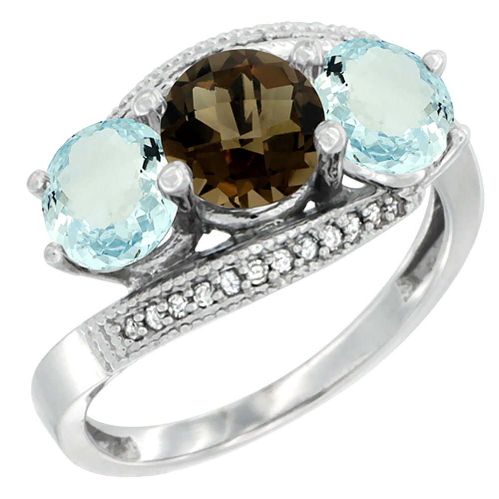 14K White Gold Natural Smoky Topaz & Aquamarine Sides 3 stone Ring Round 6mm Diamond Accent, sizes 5 - 10