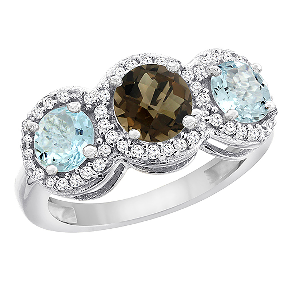 14K White Gold Natural Smoky Topaz & Aquamarine Sides Round 3-stone Ring Diamond Accents, sizes 5 - 10