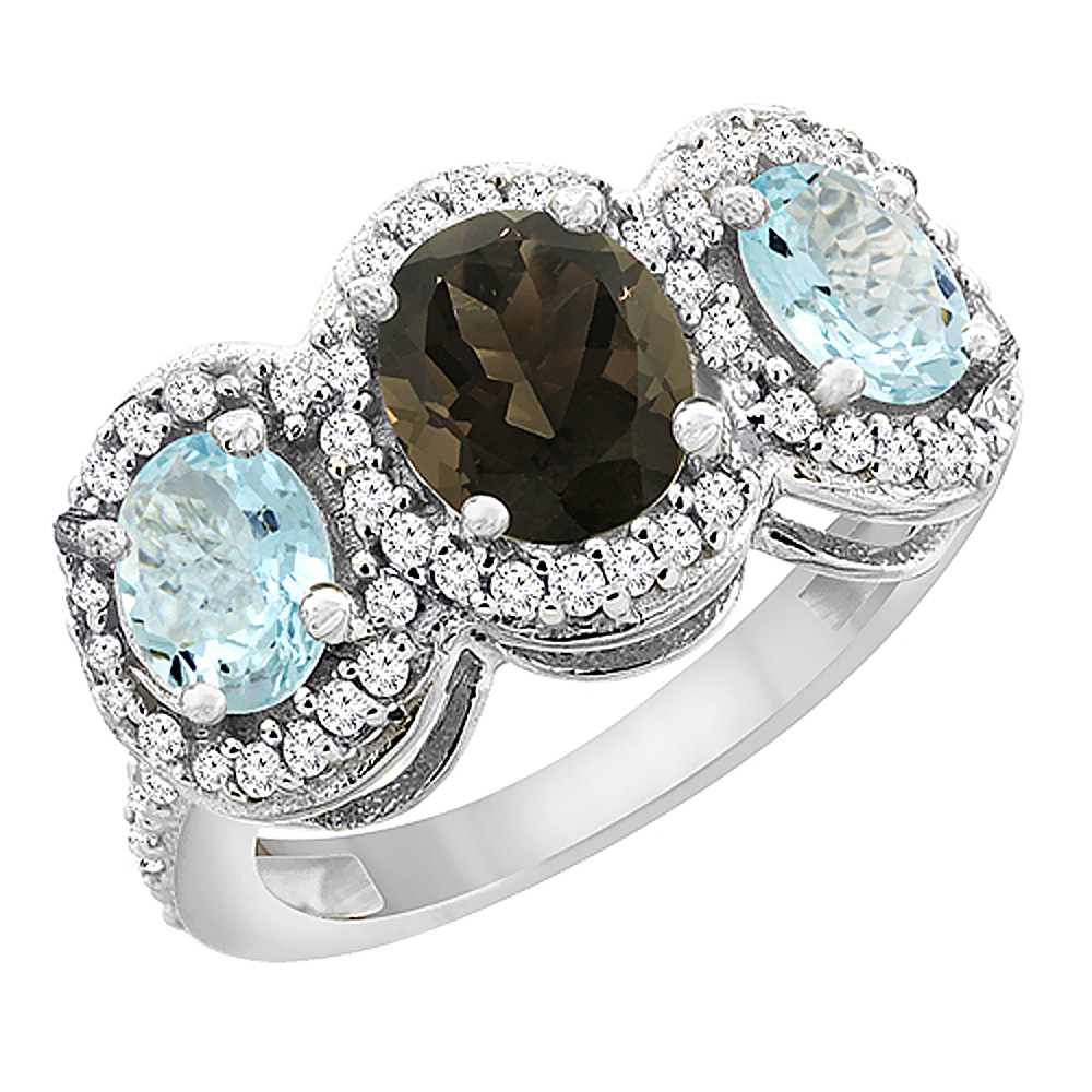 14K White Gold Natural Smoky Topaz & Aquamarine 3-Stone Ring Oval Diamond Accent, sizes 5 - 10