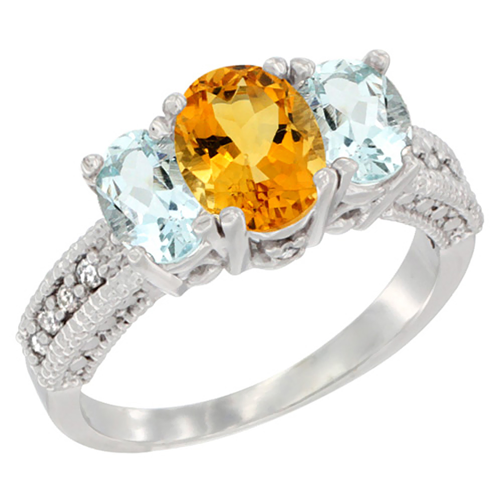 14K White Gold Diamond Natural Citrine Ring Oval 3-stone with Aquamarine, sizes 5 - 10