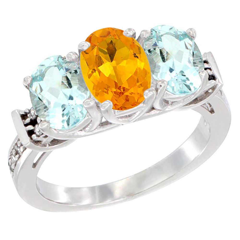 10K White Gold Natural Citrine &amp; Aquamarine Sides Ring 3-Stone Oval Diamond Accent, sizes 5 - 10