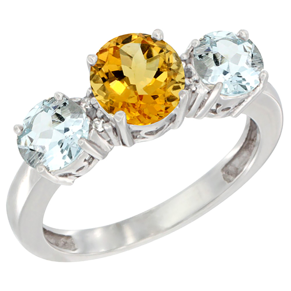 10K White Gold Round 3-Stone Natural Citrine Ring &amp; Aquamarine Sides Diamond Accent, sizes 5 - 10