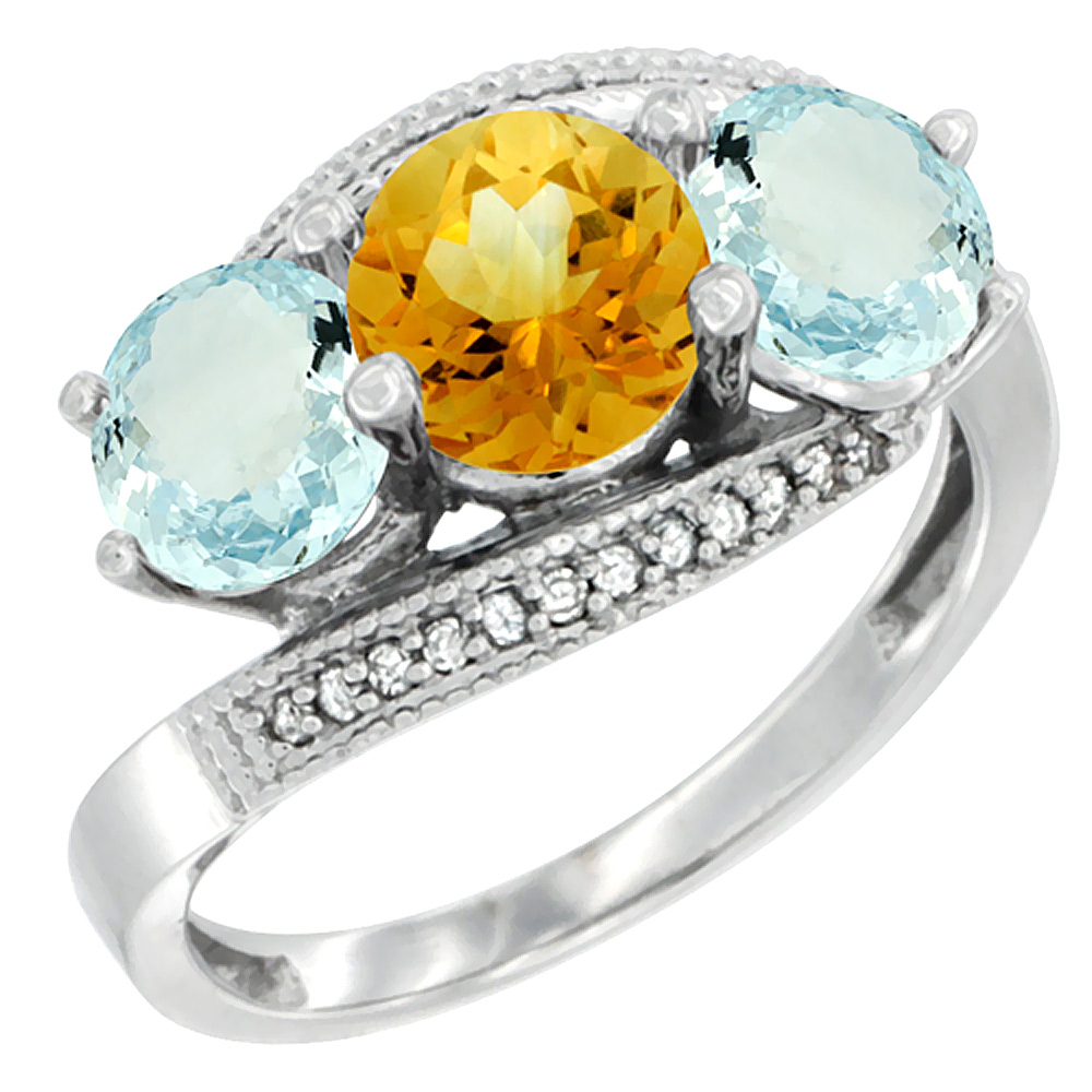10K White Gold Natural Citrine & Aquamarine Sides 3 stone Ring Round 6mm Diamond Accent, sizes 5 - 10