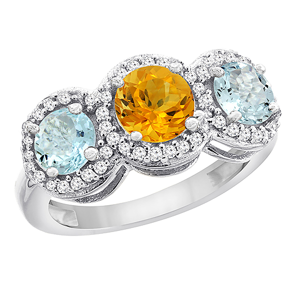 14K White Gold Natural Citrine &amp; Aquamarine Sides Round 3-stone Ring Diamond Accents, sizes 5 - 10