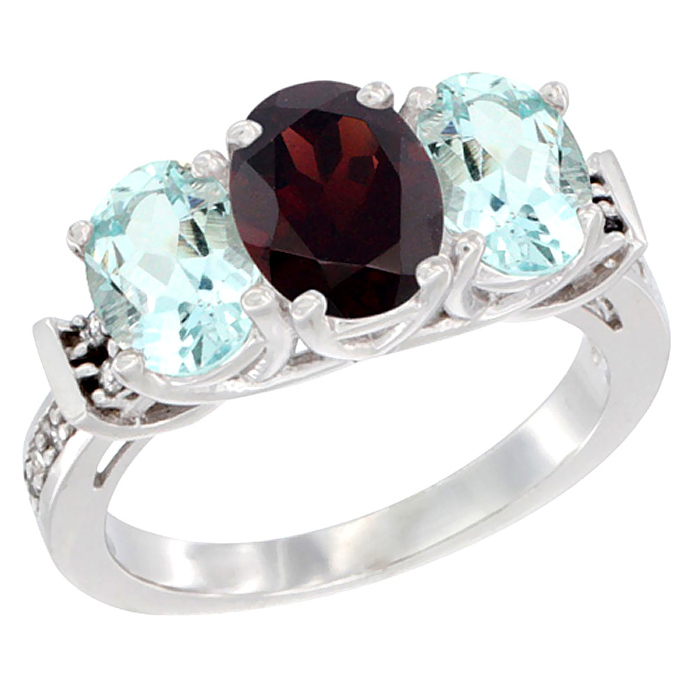 10K White Gold Natural Garnet & Aquamarine Sides Ring 3-Stone Oval Diamond Accent, sizes 5 - 10
