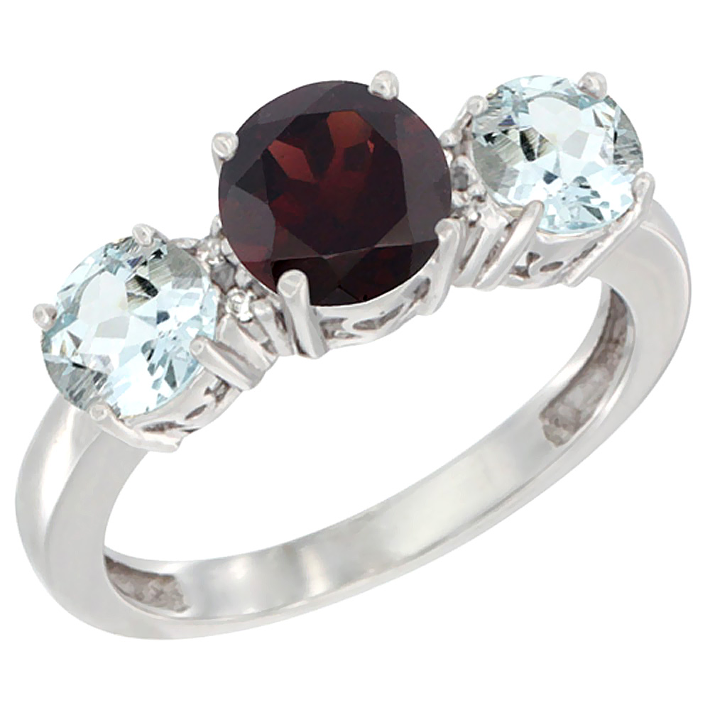 14K White Gold Round 3-Stone Natural Garnet Ring & Aquamarine Sides Diamond Accent, sizes 5 - 10