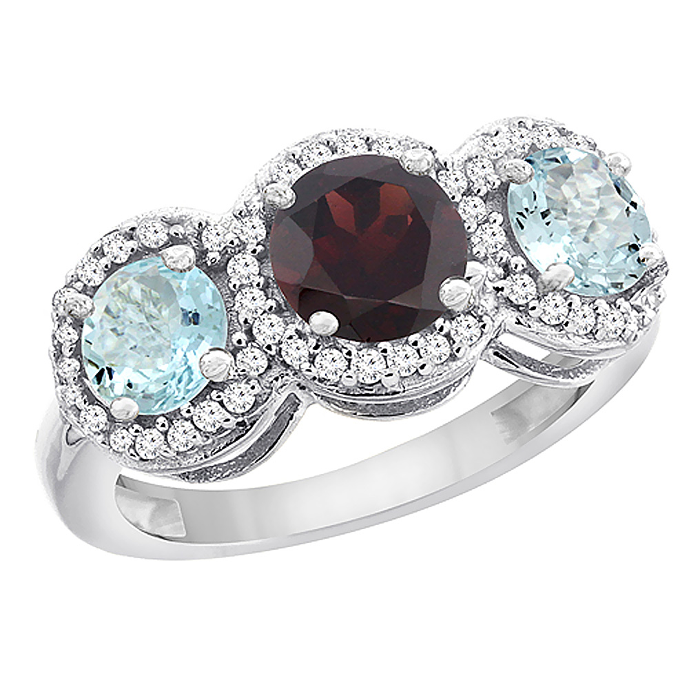 14K White Gold Natural Garnet & Aquamarine Sides Round 3-stone Ring Diamond Accents, sizes 5 - 10