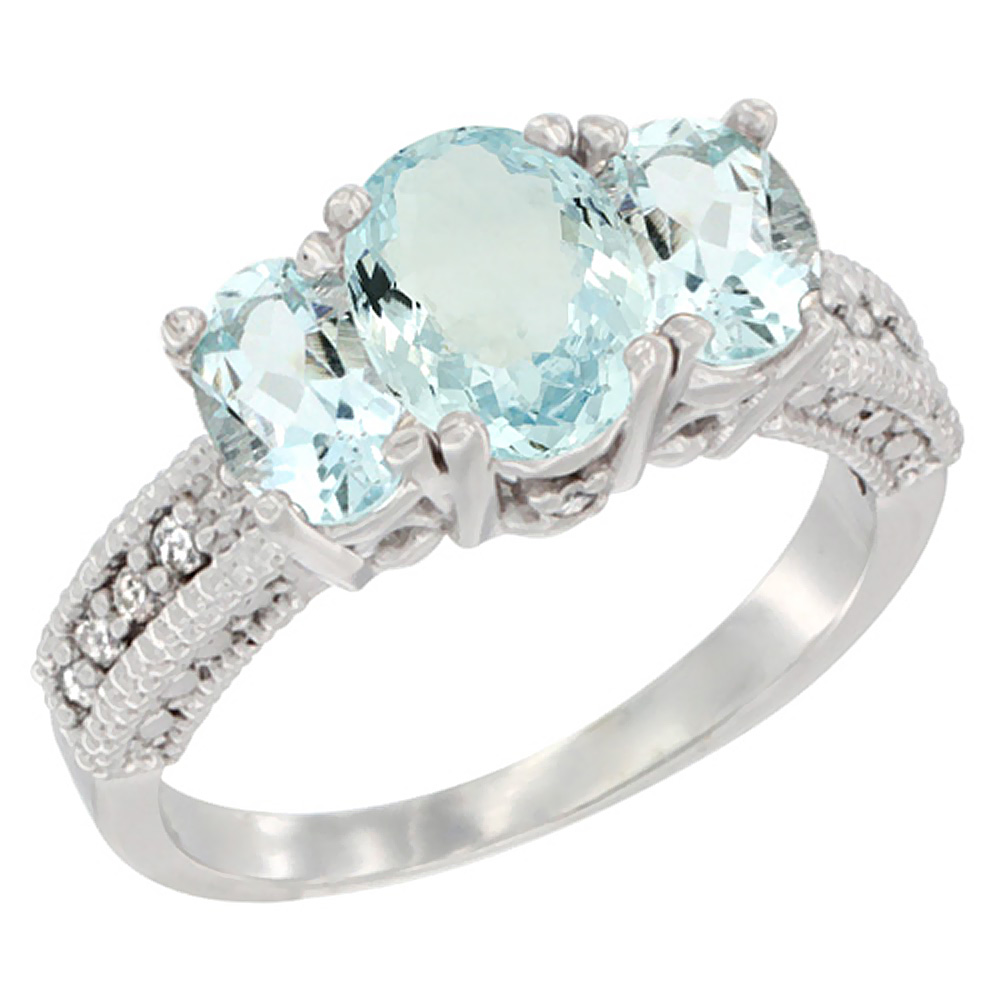 14K White Gold Diamond Natural Aquamarine Ring Oval 3-stone with Aquamarine, sizes 5 - 10