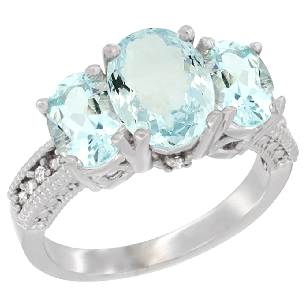 10K White Gold Diamond Natural Aquamarine Ring 3-Stone Oval 8x6mm, sizes5-10