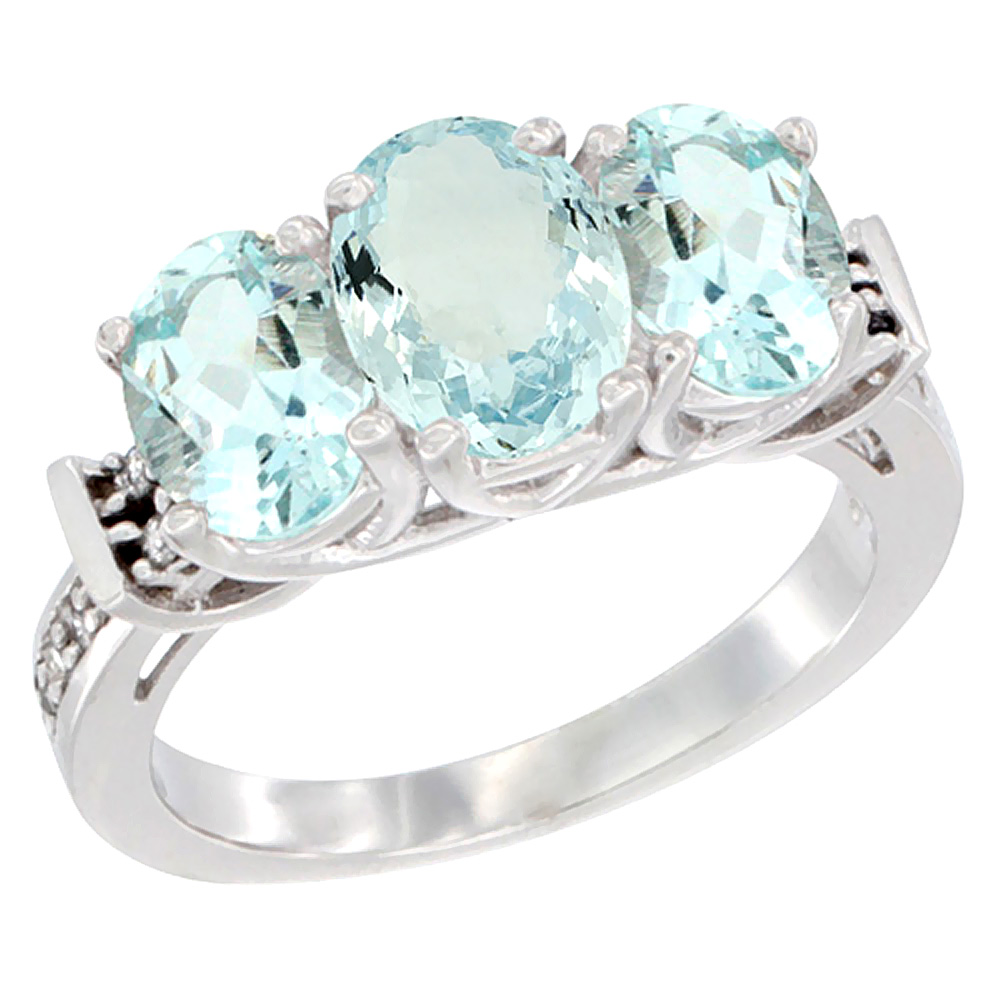 14K White Gold Natural Aquamarine Ring 3-Stone Oval Diamond Accent, sizes 5 - 10
