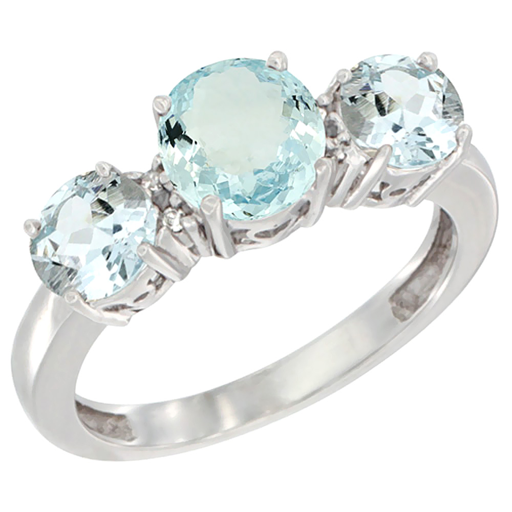 14K White Gold Round 3-Stone Natural Aquamarine Ring Diamond Accent, sizes 5 - 10