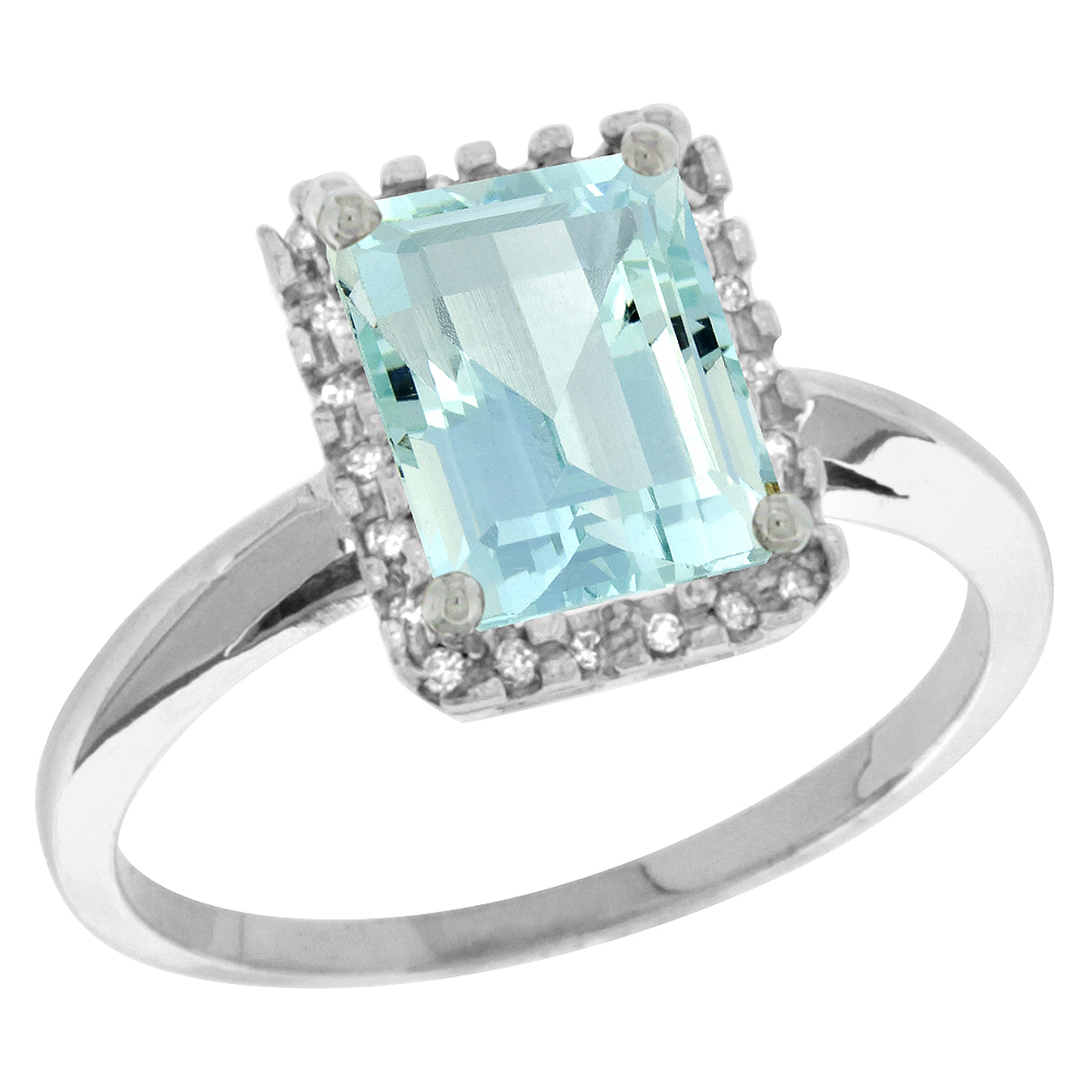 14K White Gold Diamond Natural Aquamarine Ring Emerald-cut 8x6mm, sizes 5-10